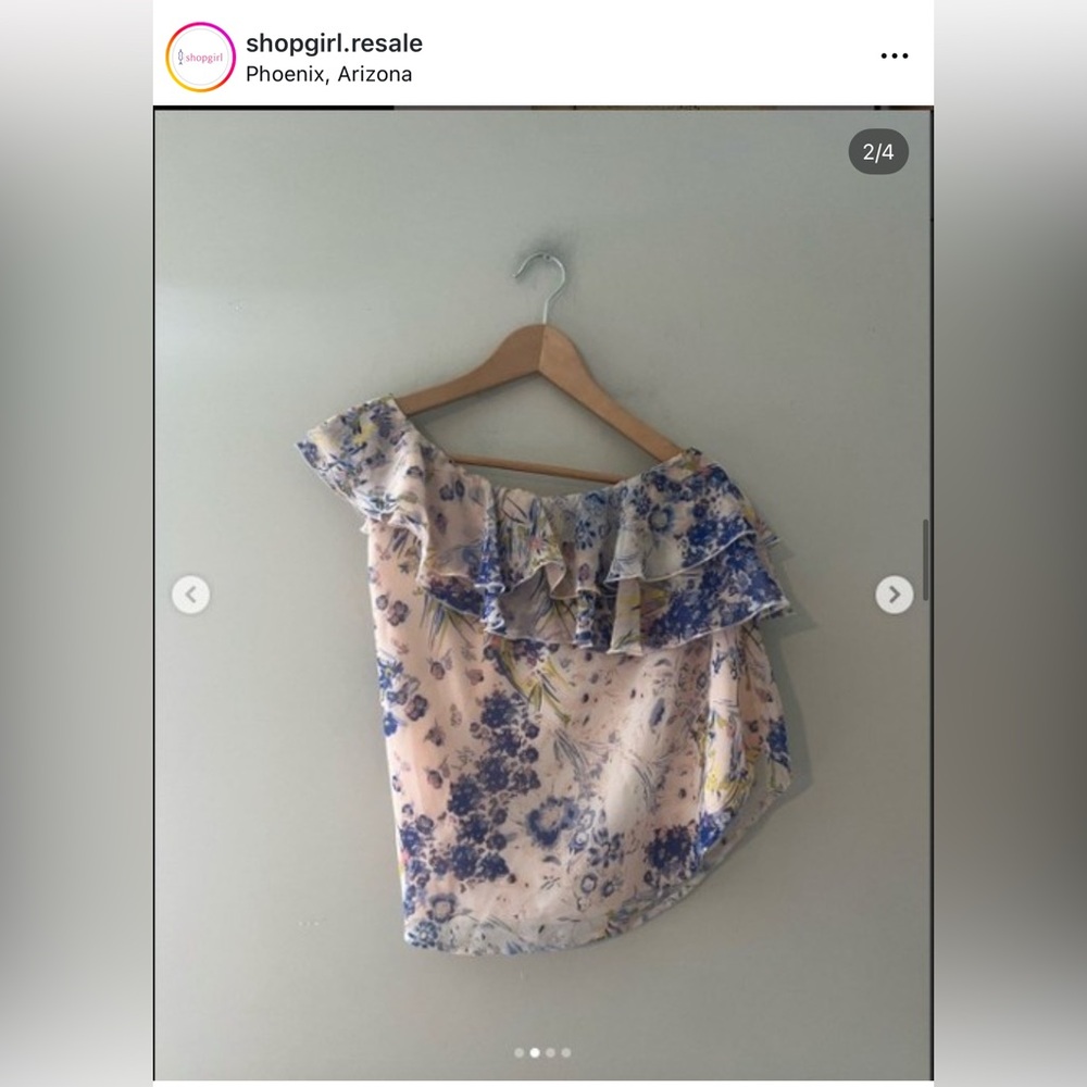 Anthropologie Top Leith Watercolor Blue Cream Ruffle One Shoulder Blouse Maeve - Picture 2 of 2